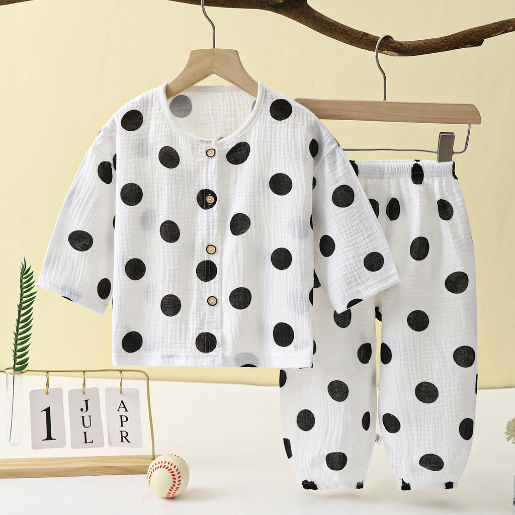 Children's Thin Double-Layer Gauze Pajamas Two-Piece Set Summer Girls Home Clothes Baby Boy Long-Sleeved Bloomers Set