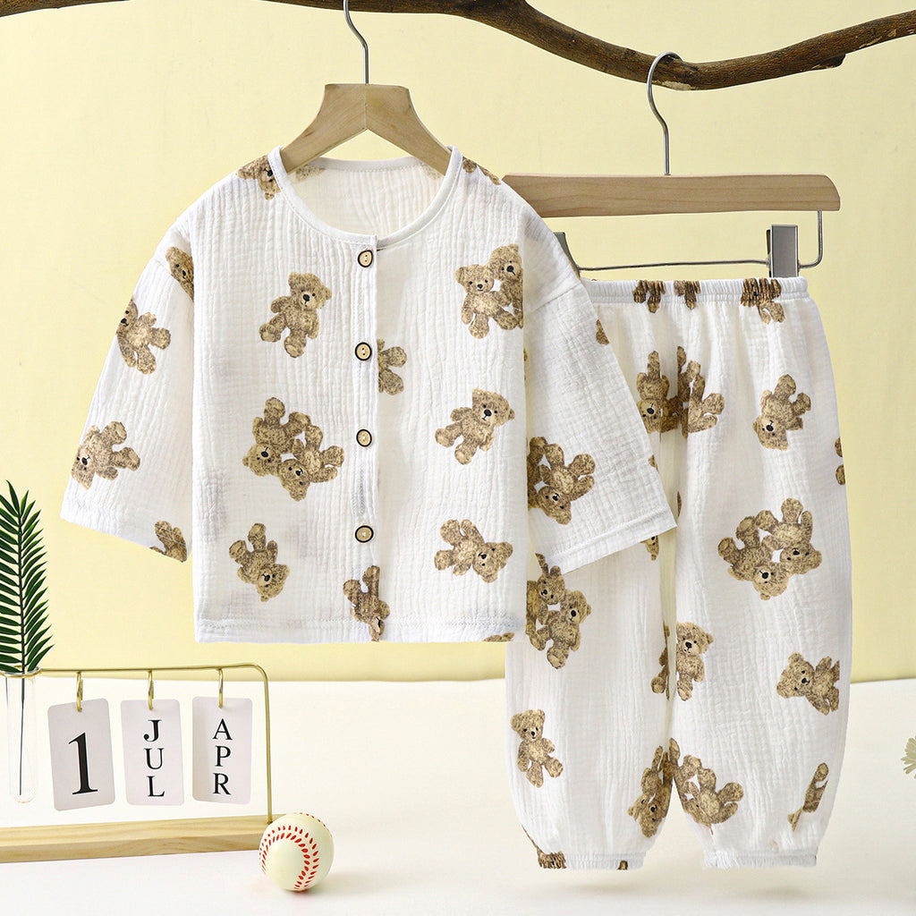 Children's Thin Double-Layer Gauze Pajamas Two-Piece Set Summer Girls Home Clothes Baby Boy Long-Sleeved Bloomers Set
