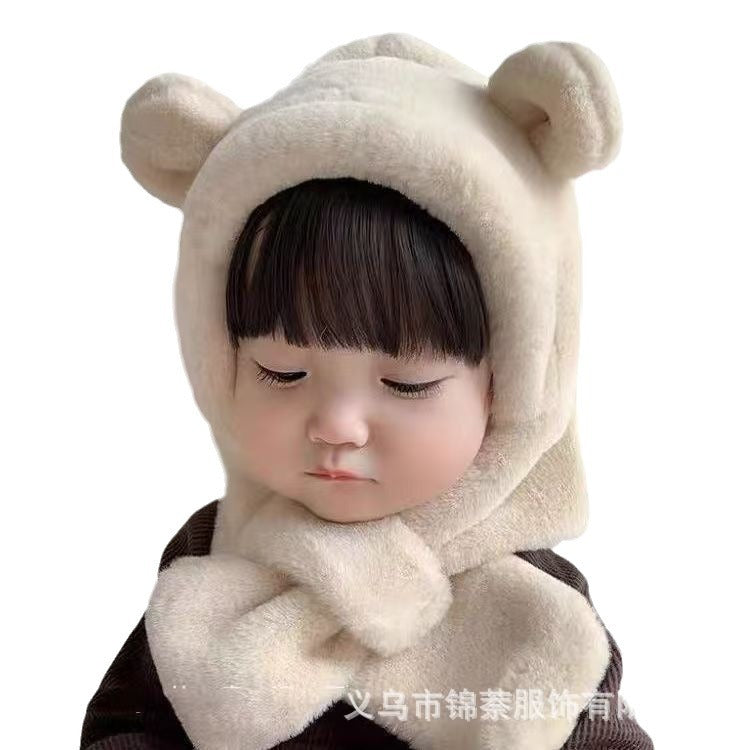 Baby Hat and Scarf Integrated Autumn and Winter Boys and Girls Cute Super Cute fleece-lined Baby Outgoing Windproof Ear Protection Hat