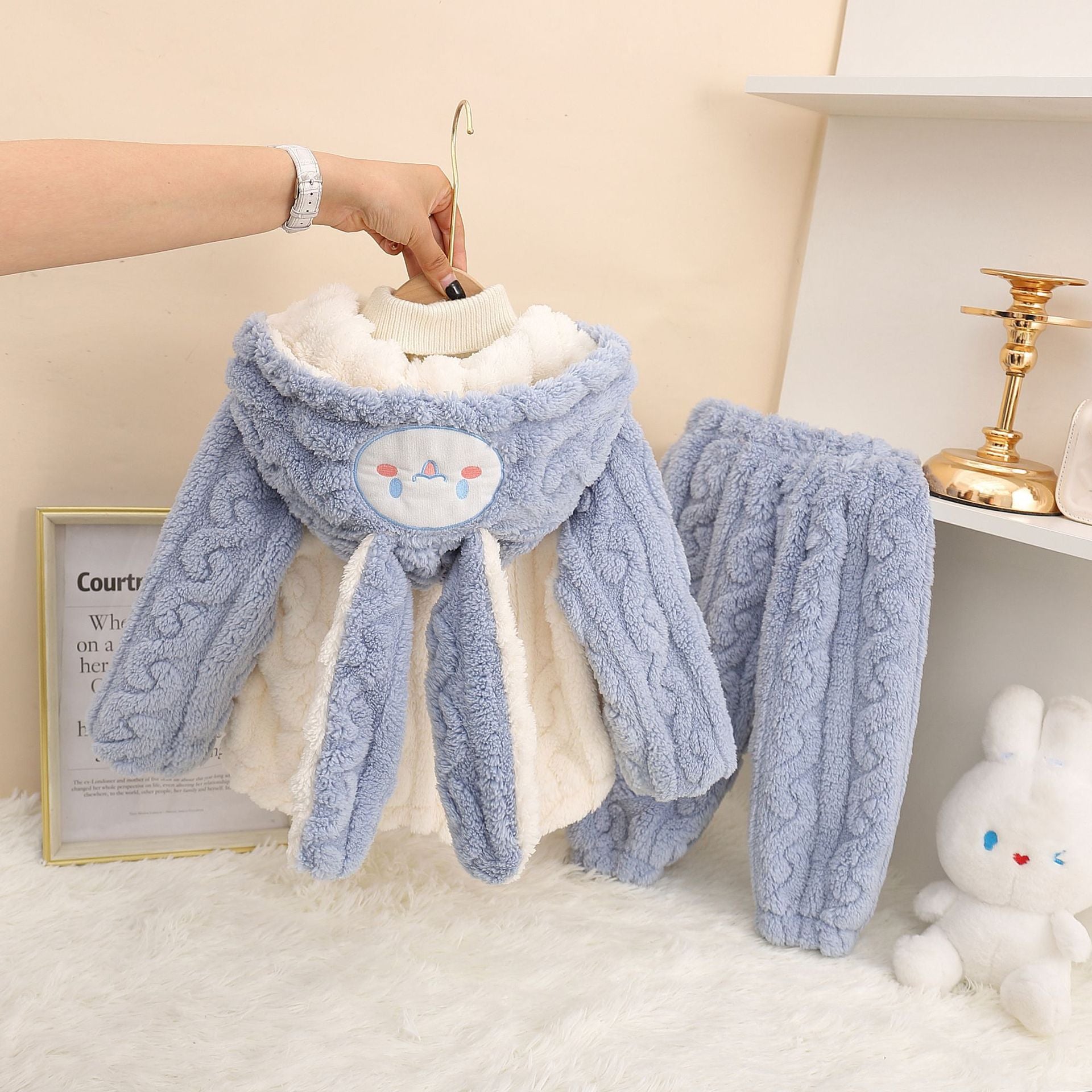 Girls' Home Clothes 2025 Autumn and Winter Baby Girl Coral Velvet Cute Hooded Super Soft Double-Sided Velvet Pajamas Two-Piece Set
