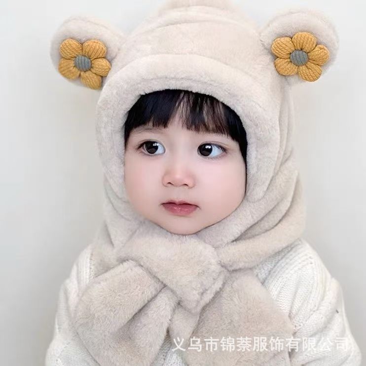 Baby Hat and Scarf Integrated Autumn and Winter Boys and Girls Cute Super Cute fleece-lined Baby Outgoing Windproof Ear Protection Hat