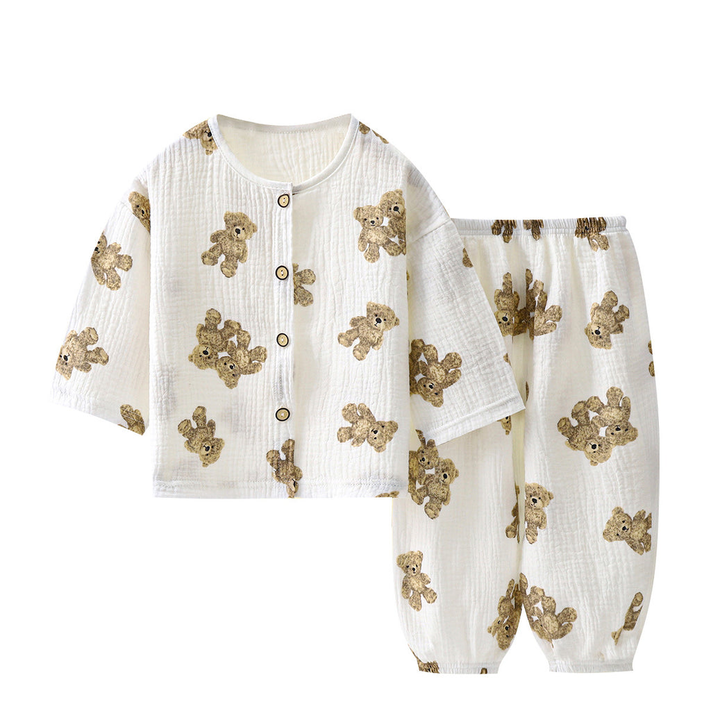 Children's Thin Double-Layer Gauze Pajamas Two-Piece Set Summer Girls Home Clothes Baby Boy Long-Sleeved Bloomers Set