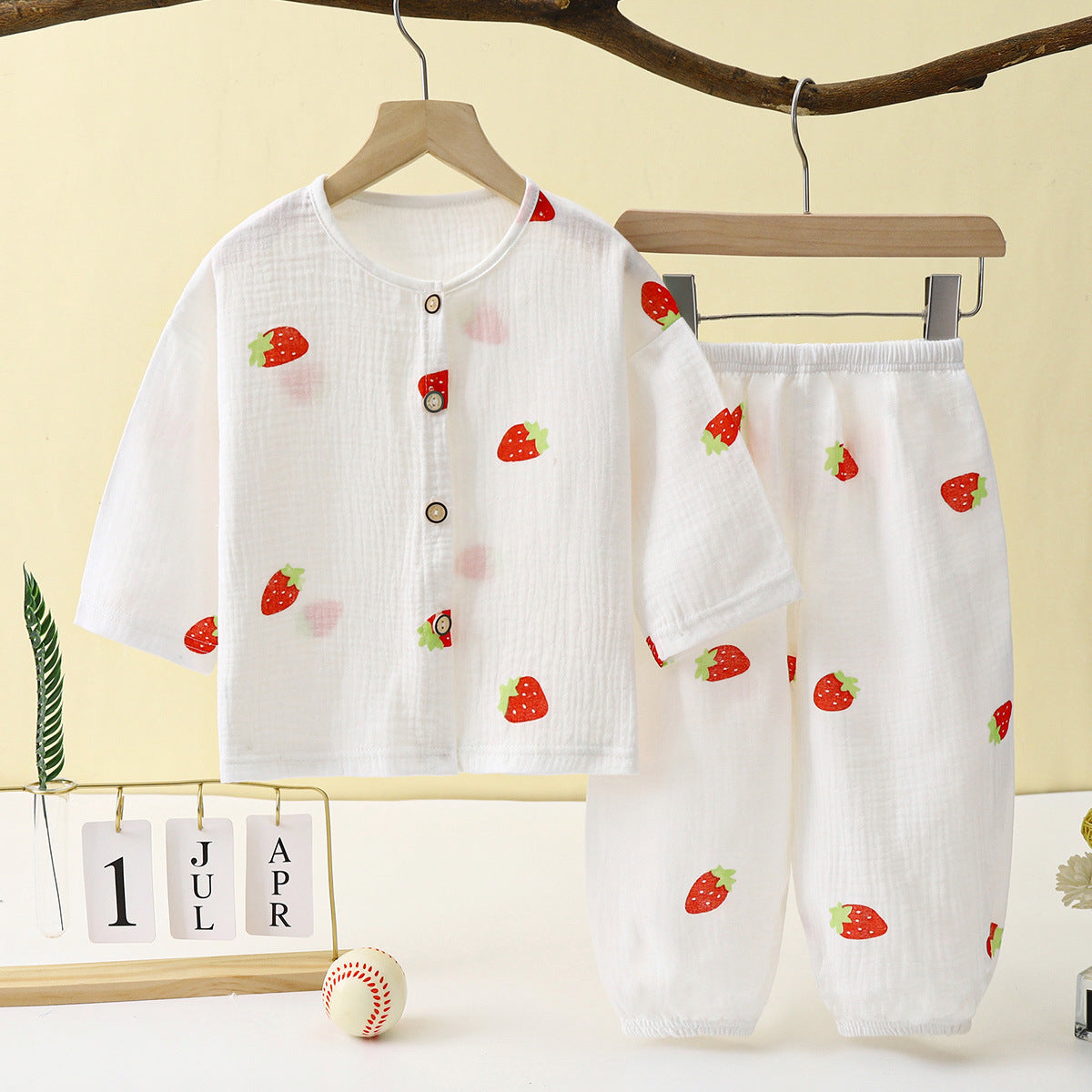 Children's Thin Double-Layer Gauze Pajamas Two-Piece Set Summer Girls Home Clothes Baby Boy Long-Sleeved Bloomers Set