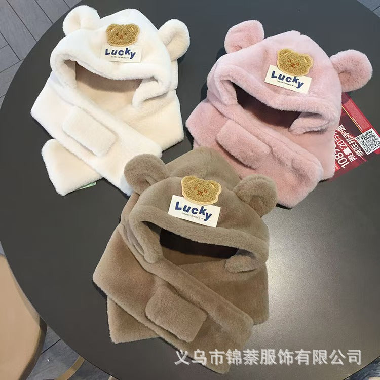 Baby Hat and Scarf Integrated Autumn and Winter Boys and Girls Cute Super Cute fleece-lined Baby Outgoing Windproof Ear Protection Hat
