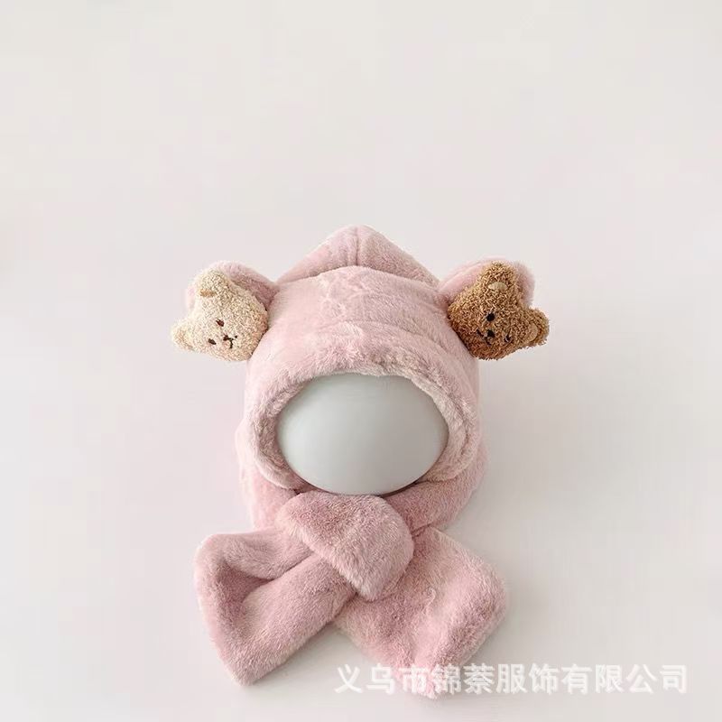 Baby Hat and Scarf Integrated Autumn and Winter Boys and Girls Cute Super Cute fleece-lined Baby Outgoing Windproof Ear Protection Hat