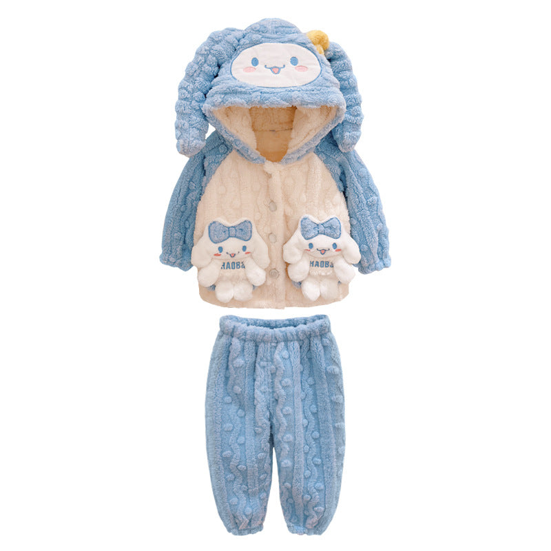 Girls' Home Clothes 2025 Autumn and Winter Baby Girl Coral Velvet Cute Hooded Super Soft Double-Sided Velvet Pajamas Two-Piece Set