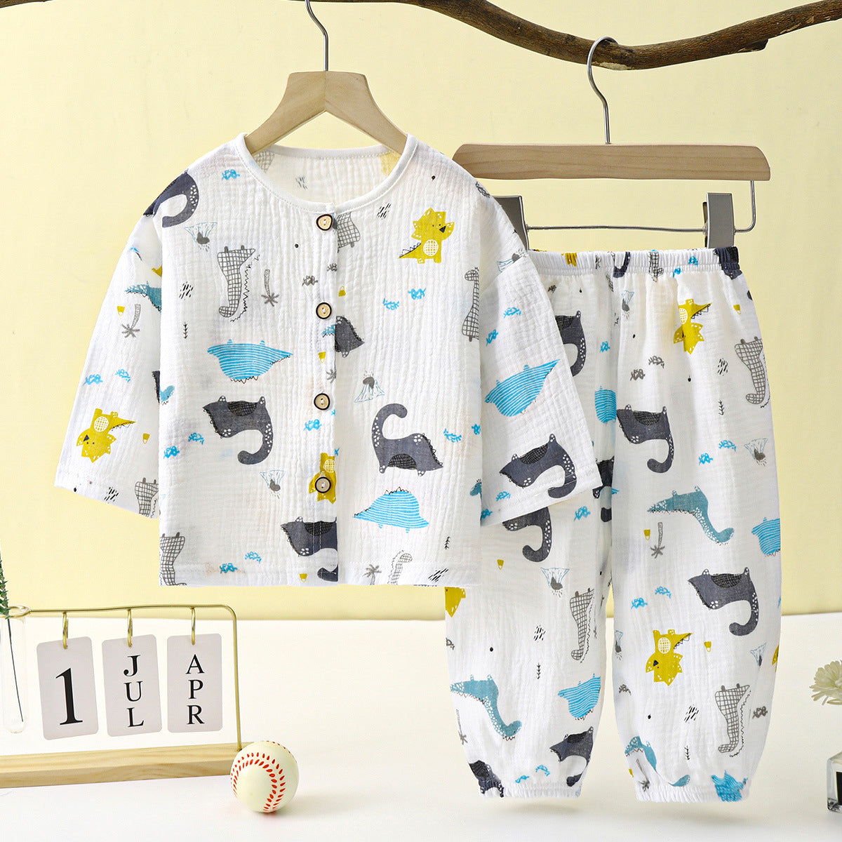 Children's Thin Double-Layer Gauze Pajamas Two-Piece Set Summer Girls Home Clothes Baby Boy Long-Sleeved Bloomers Set