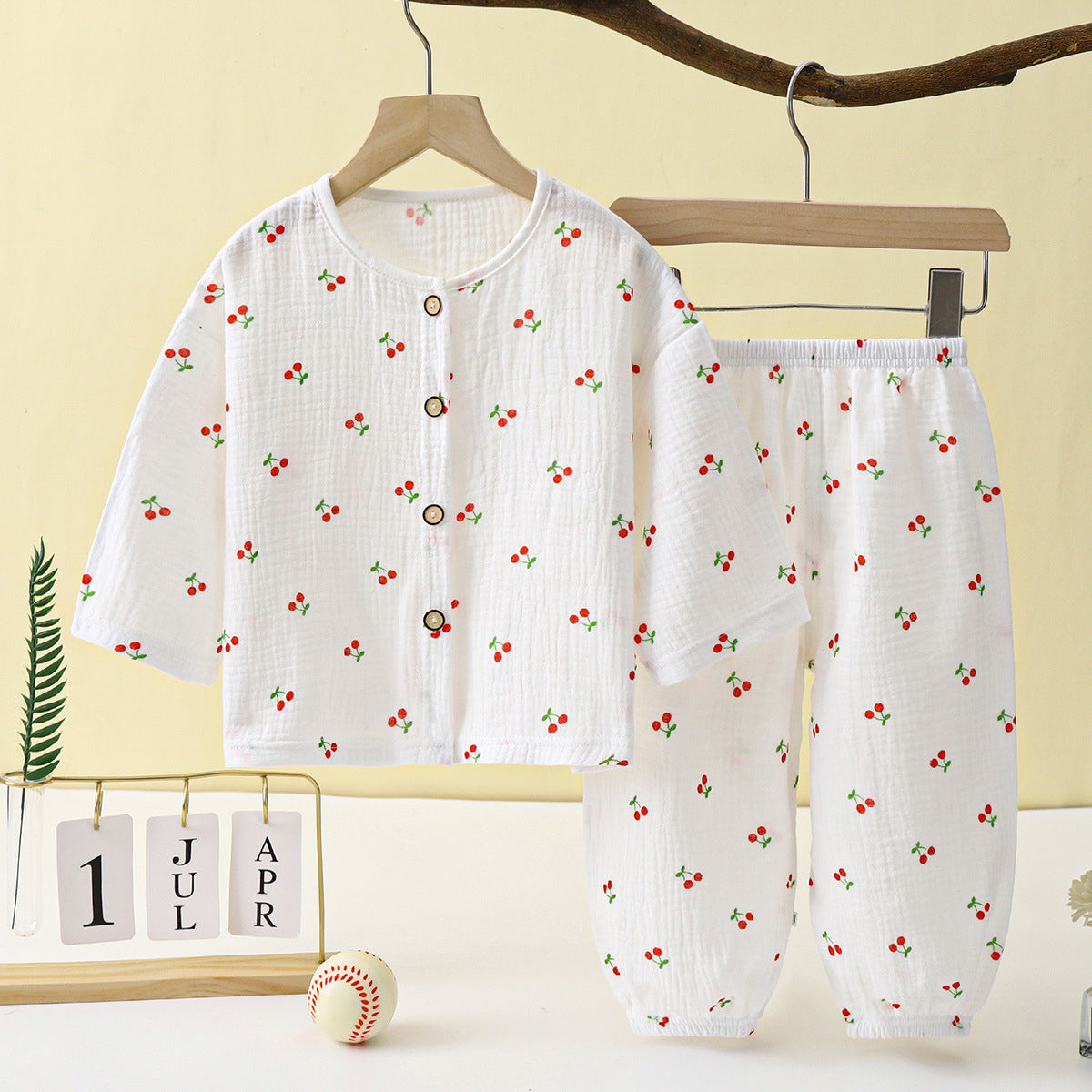 Children's Thin Double-Layer Gauze Pajamas Two-Piece Set Summer Girls Home Clothes Baby Boy Long-Sleeved Bloomers Set