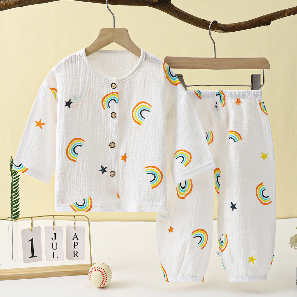 Children's Thin Double-Layer Gauze Pajamas Two-Piece Set Summer Girls Home Clothes Baby Boy Long-Sleeved Bloomers Set