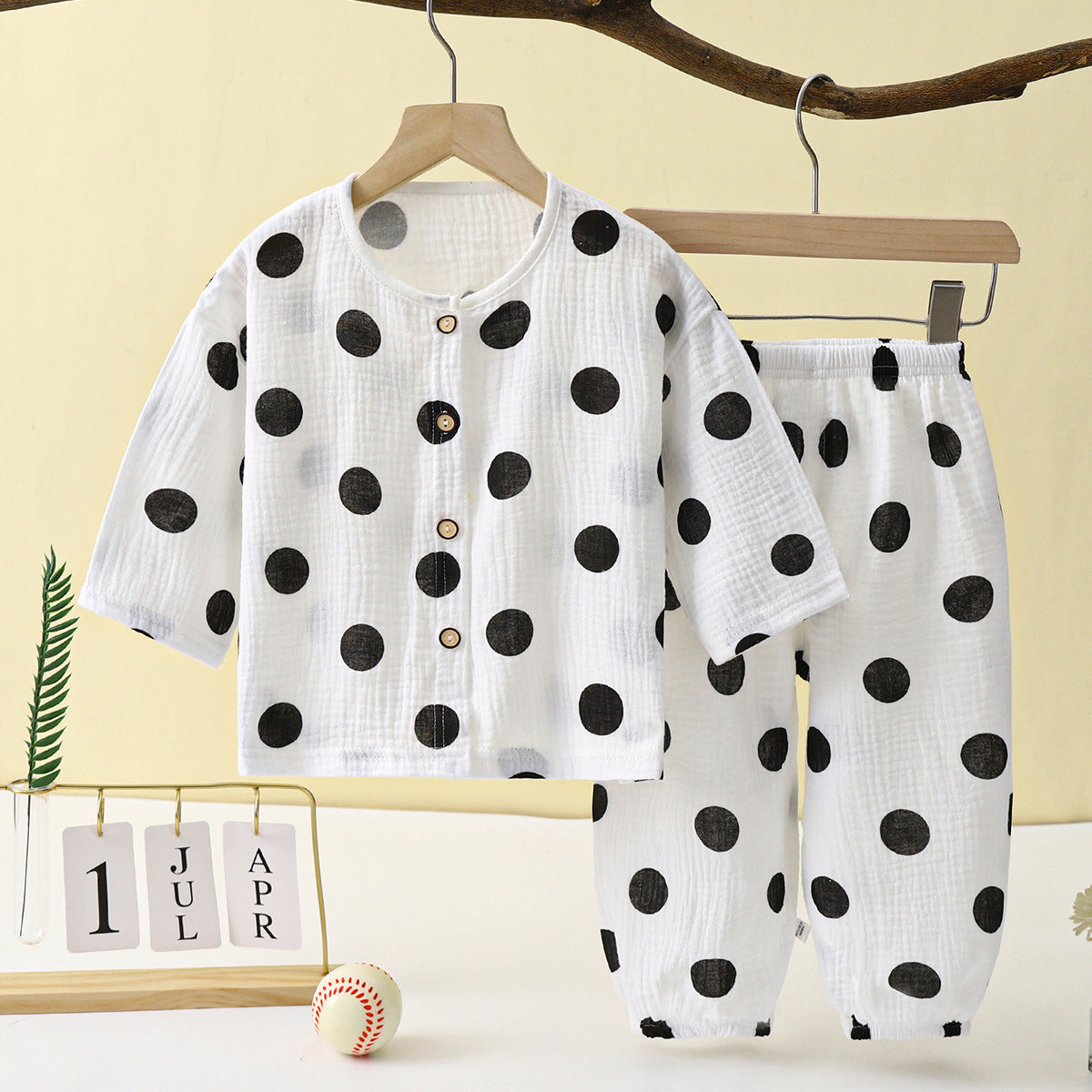 Children's Thin Double-Layer Gauze Pajamas Two-Piece Set Summer Girls Home Clothes Baby Boy Long-Sleeved Bloomers Set