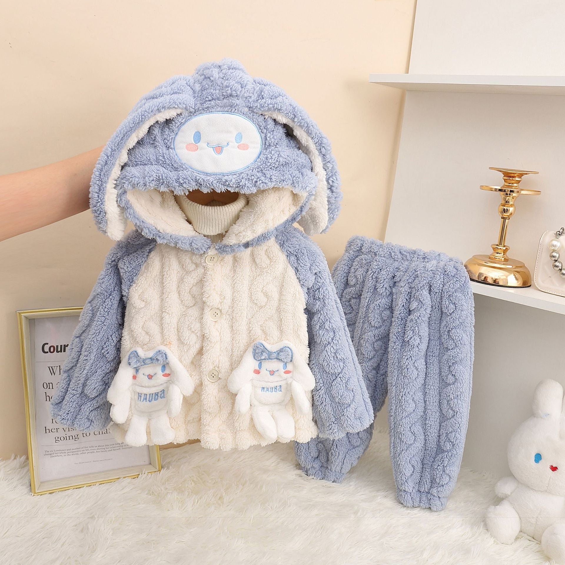 Girls' Home Clothes 2025 Autumn and Winter Baby Girl Coral Velvet Cute Hooded Super Soft Double-Sided Velvet Pajamas Two-Piece Set