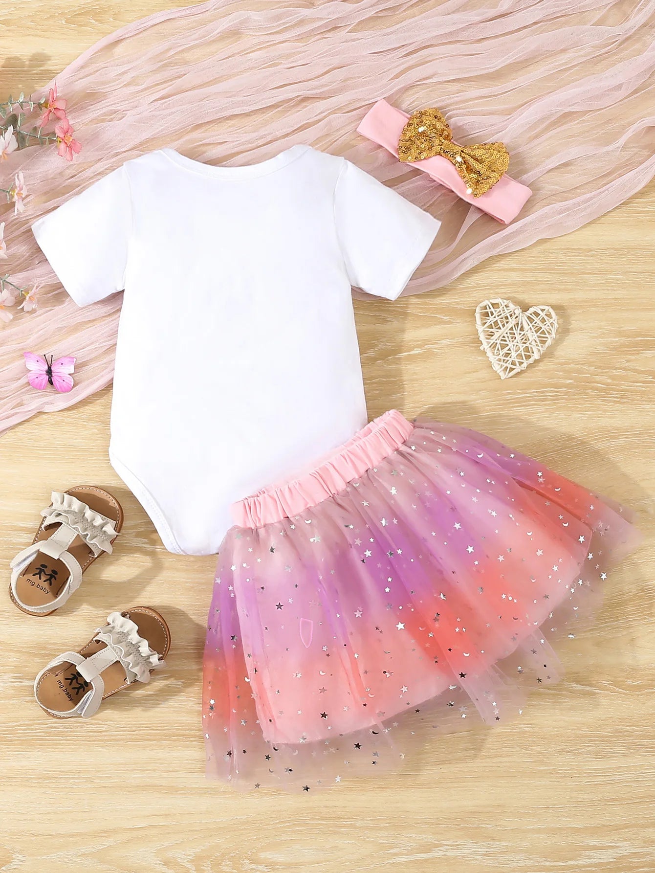 Baby Girl  Clothes Cute 1st Birthday Print Outfit Bodysuit  Sequin Bowknot  Mesh Tutu Skirt 3Pcs Toddler Girls Clothing Set