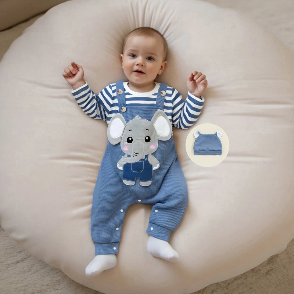 Cute Infant Newborn Baby Boys 3Pcs Outfit Cute Baby Clothes Long Sleeve Striped Romper Animal Embroidery Overalls Hat Clothes