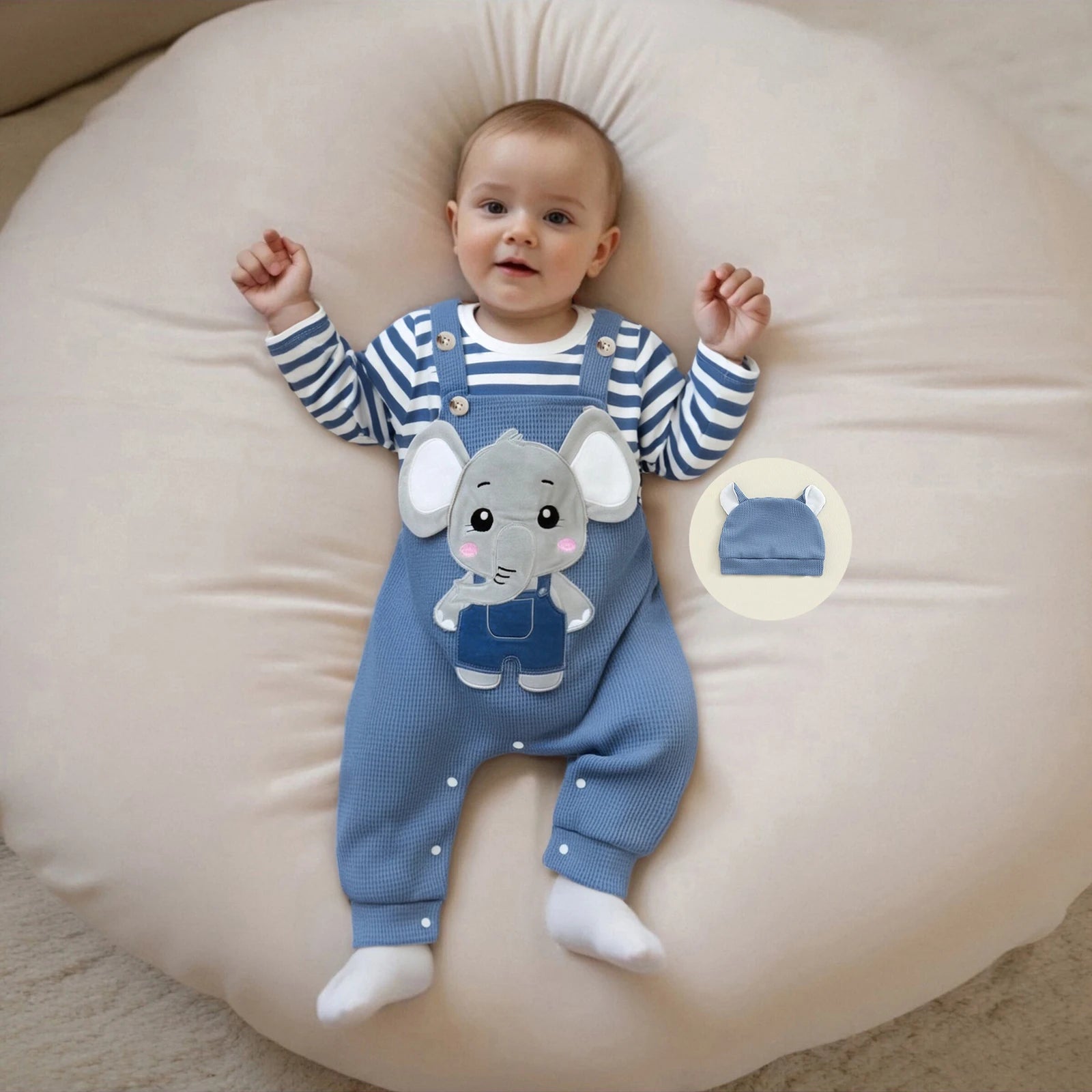 Cute Infant Newborn Baby Boys 3Pcs Outfit Cute Baby Clothes Long Sleeve Striped Romper Animal Embroidery Overalls Hat Clothes