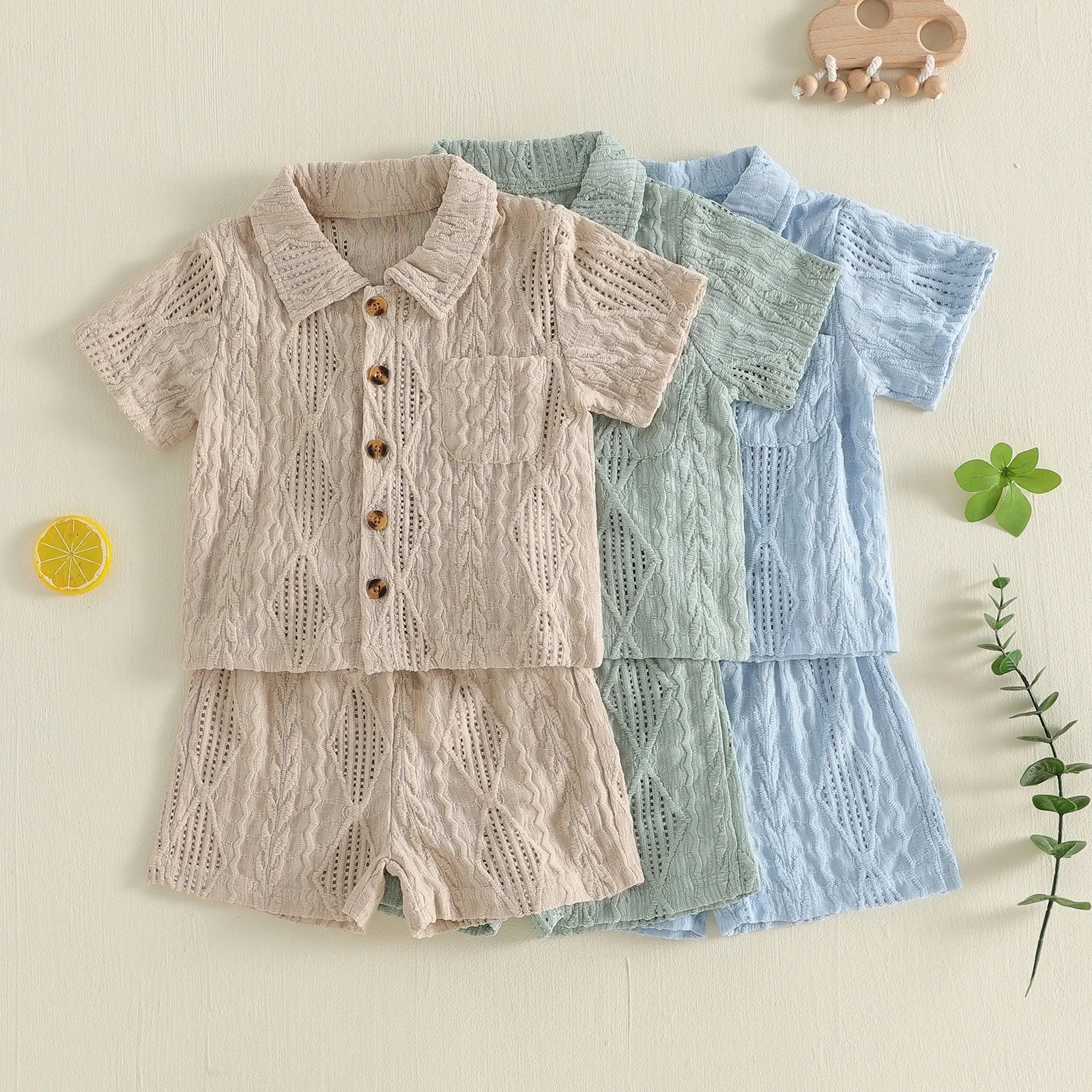 Baby Boys Summer Outfits Textured Button up Short Sleeves T-Shirt and Elastic Shorts Set for 2 Piece Clothes Set 6M-4T