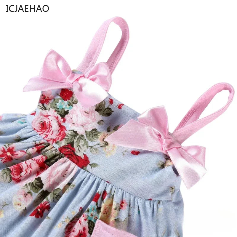 2025 New Born Baby Girl Clothes Baby Suit Overall Floral Clothes Set 3-24m Cotton Sleeveless Toddler Infant Ruffle Tops + Shorts