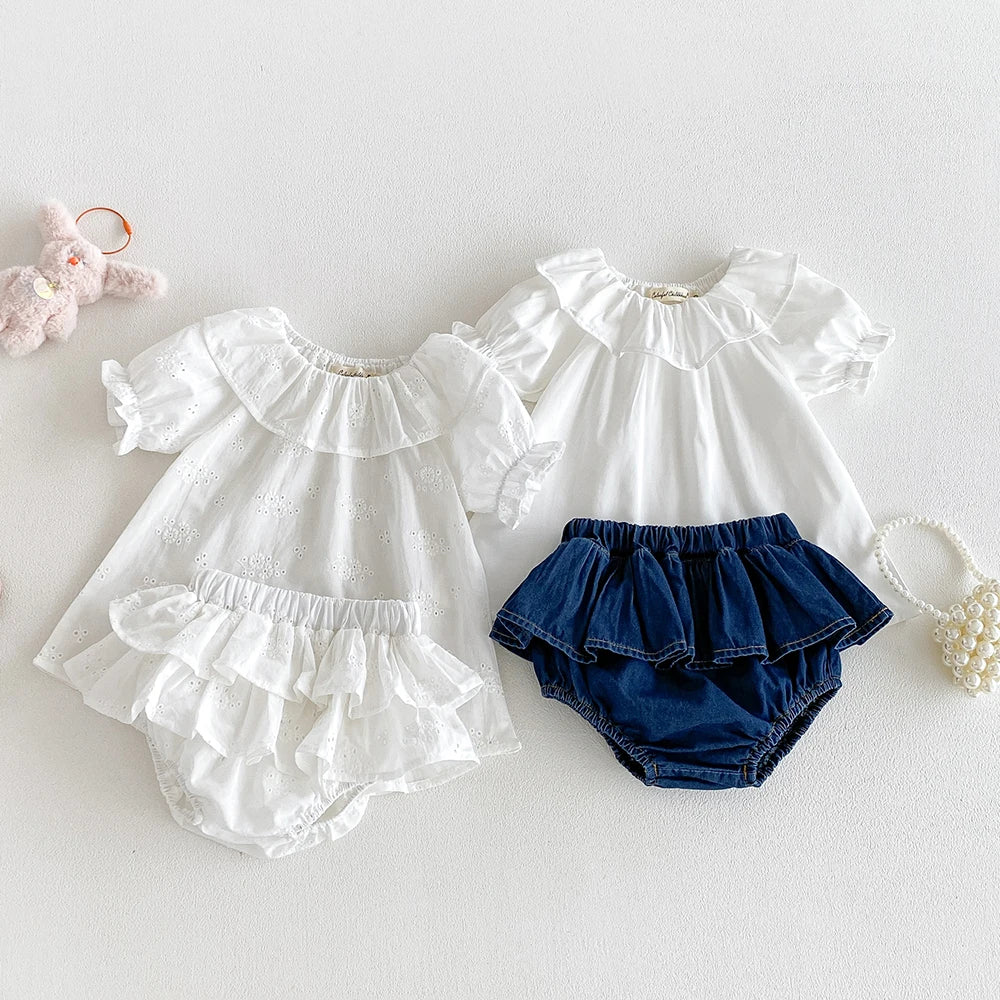 Baby Girl's Blouse Summer New Cotton Breathable Shirt Tops Clothing for Girls Versatile Ruffle Collar Short Sleeved T-shirt