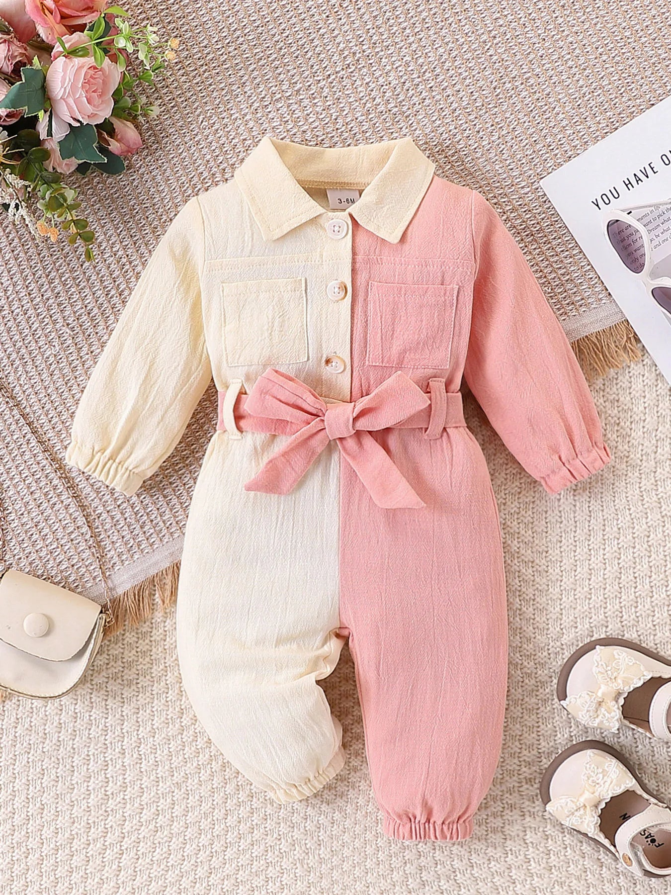Baby Girl Color-Blocked Long-Sleeved Jumpsuit with Lapel and Button Closure, Waist Bow Tie, Patch Pocket Design, Soft Fabric, Cute One-Piece Outfit for Spring and Autumn