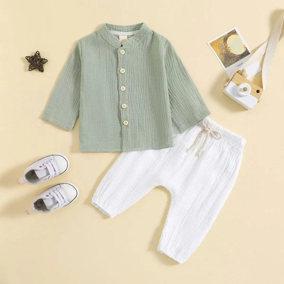 Boys Clothes Sets 1-5Y Kids Boys Summer Fall Outfits Baby Solid Color Buttons Long Sleeve Shirts Tops + Elastic Waist Long Pants