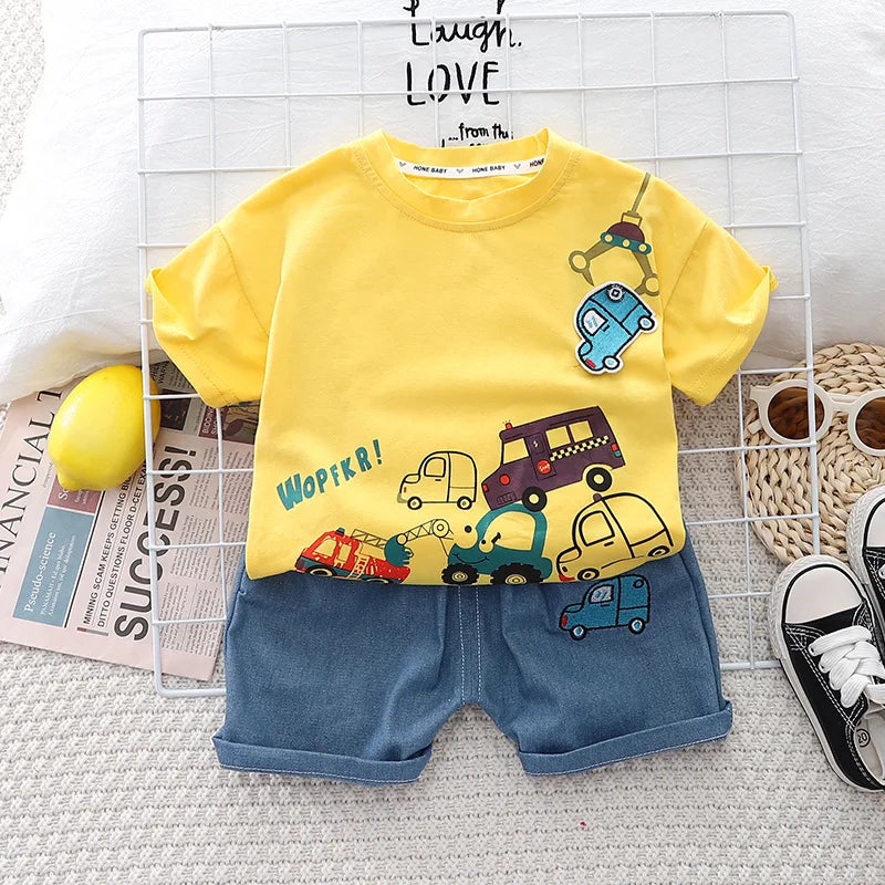 New Baby Boys Clothing Sets Summer Cartoon Car T Shirt +Denim Shorts Toddler Infant Kids Casual Infant Clothes Suits 1-5 Years