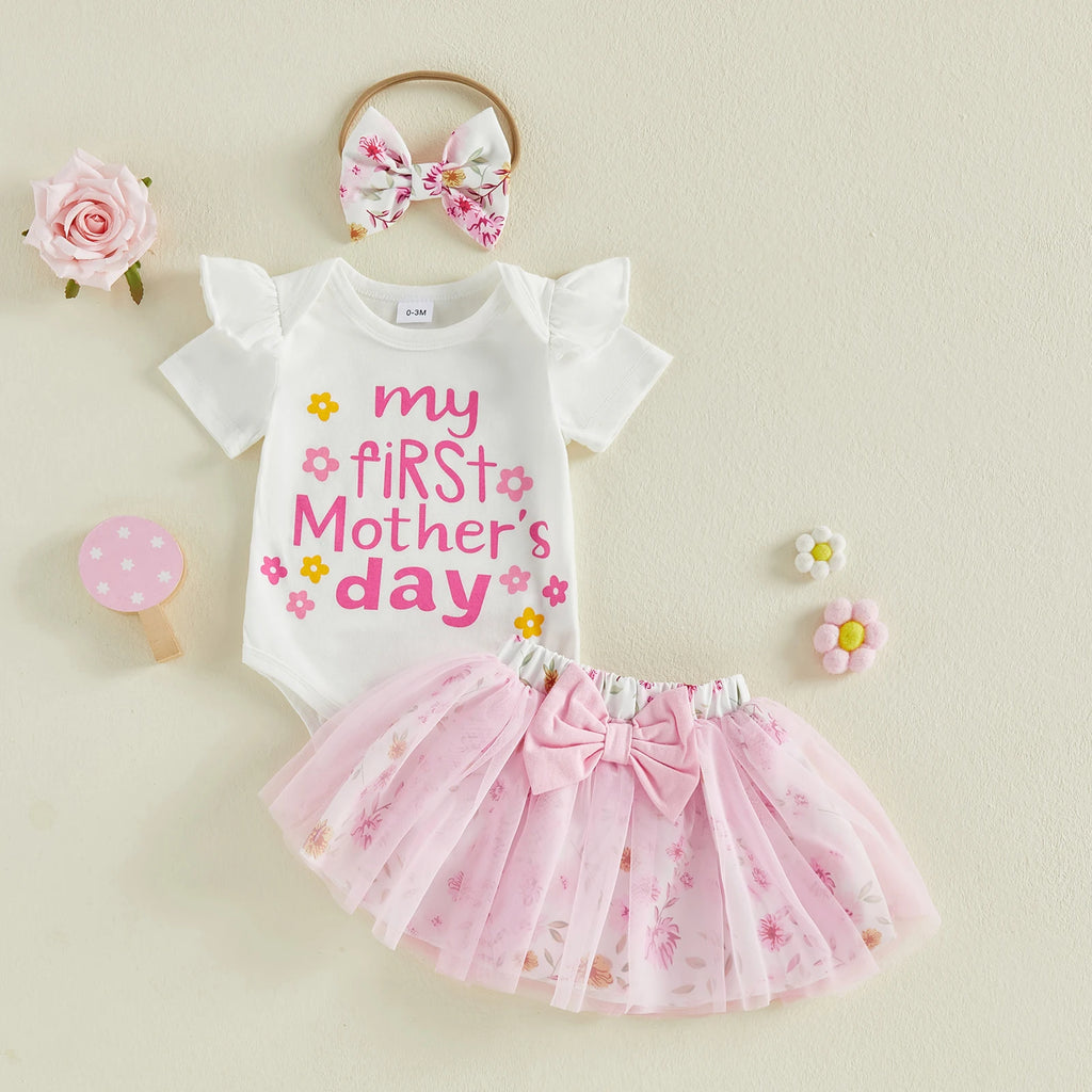 Baby Girl Mother's Day Outfits Letter Print Short Sleeve Bodysuits Floral Mesh Skirts Headband Clothes 3Pcs Set