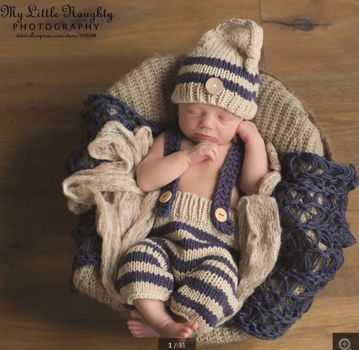 Baby Photo Costume Clothes Newborn Girls Boys Photography Prop Crochet Knit Overall Bib Pants + Hat 2pcs Sets Striped Outfits