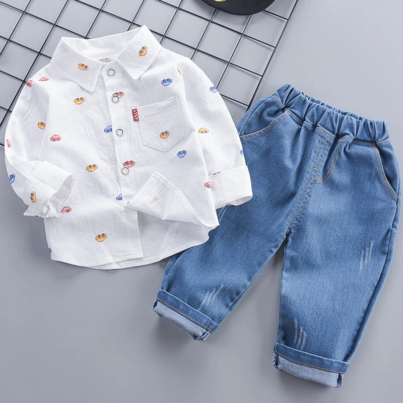 Baby Boys Clothing Set Spring Autumn New Full Print Cartoon Car Long Sleeve Shirt+Jeans 2Pcs For 1-4 Years Kids Casual Outfit