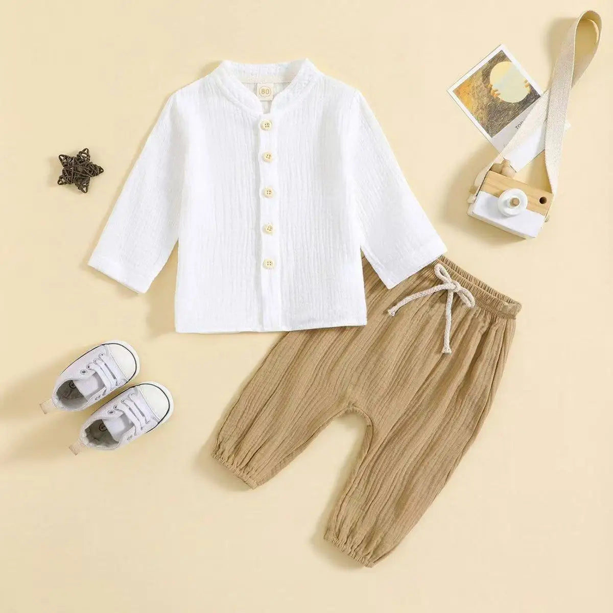 Boys Clothes Sets 1-5Y Kids Boys Summer Fall Outfits Baby Solid Color Buttons Long Sleeve Shirts Tops + Elastic Waist Long Pants