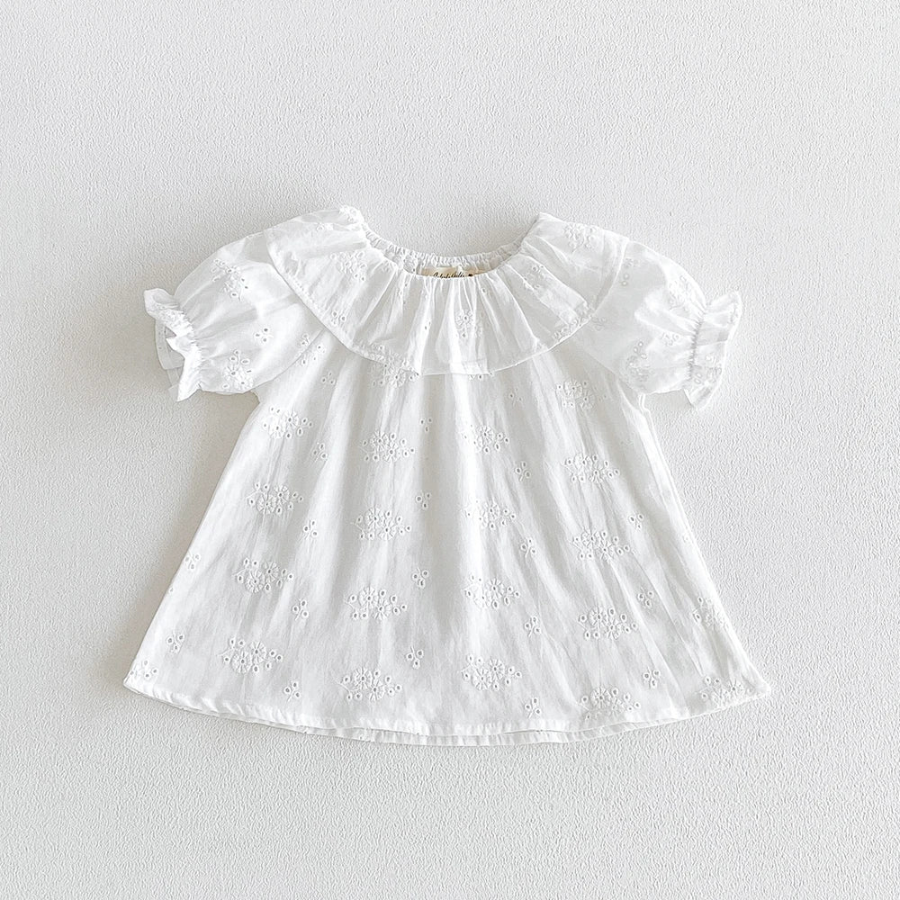 Baby Girl's Blouse Summer New Cotton Breathable Shirt Tops Clothing for Girls Versatile Ruffle Collar Short Sleeved T-shirt