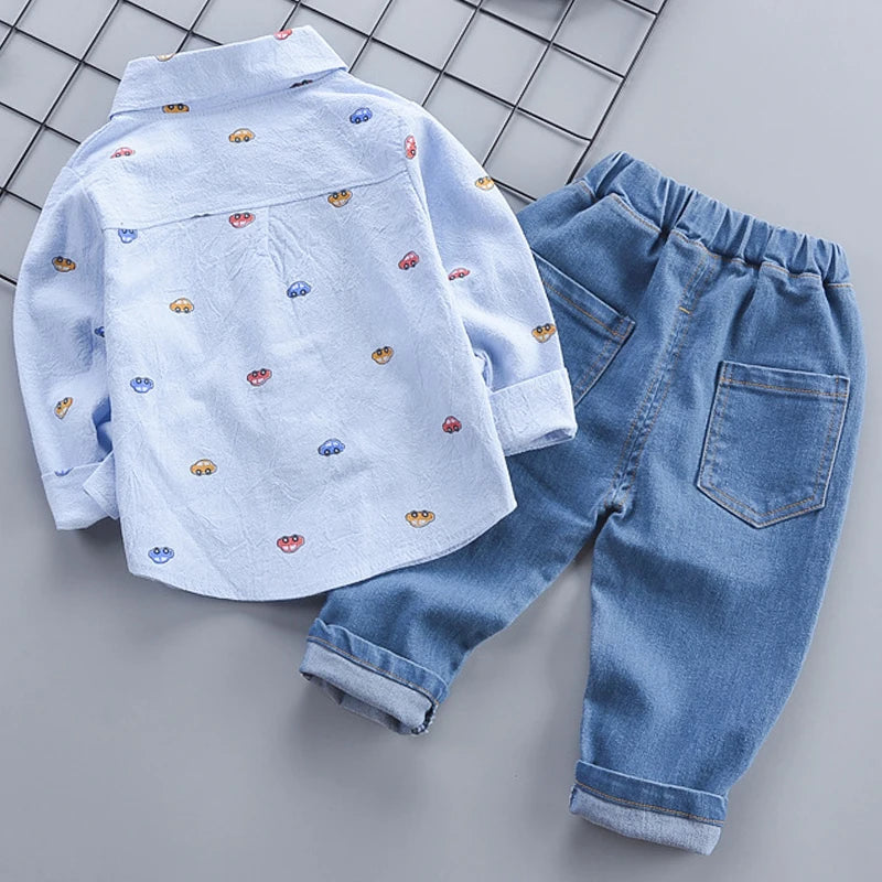Baby Boys Clothing Set Spring Autumn New Full Print Cartoon Car Long Sleeve Shirt+Jeans 2Pcs For 1-4 Years Kids Casual Outfit