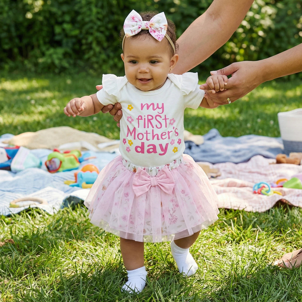 Baby Girl Mother's Day Outfits Letter Print Short Sleeve Bodysuits Floral Mesh Skirts Headband Clothes 3Pcs Set