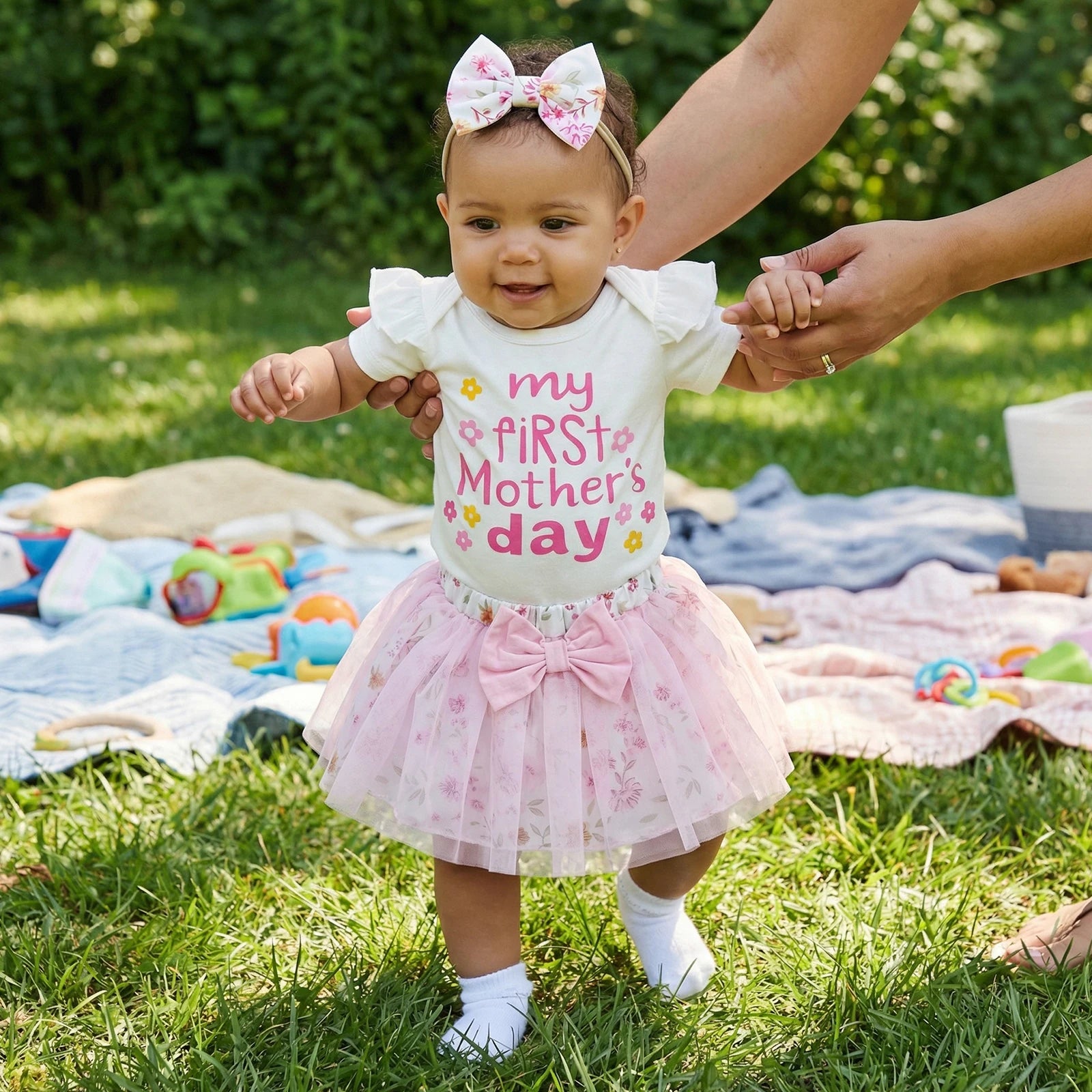 Baby Girl Mother's Day Outfits Letter Print Short Sleeve Bodysuits Floral Mesh Skirts Headband Clothes 3Pcs Set