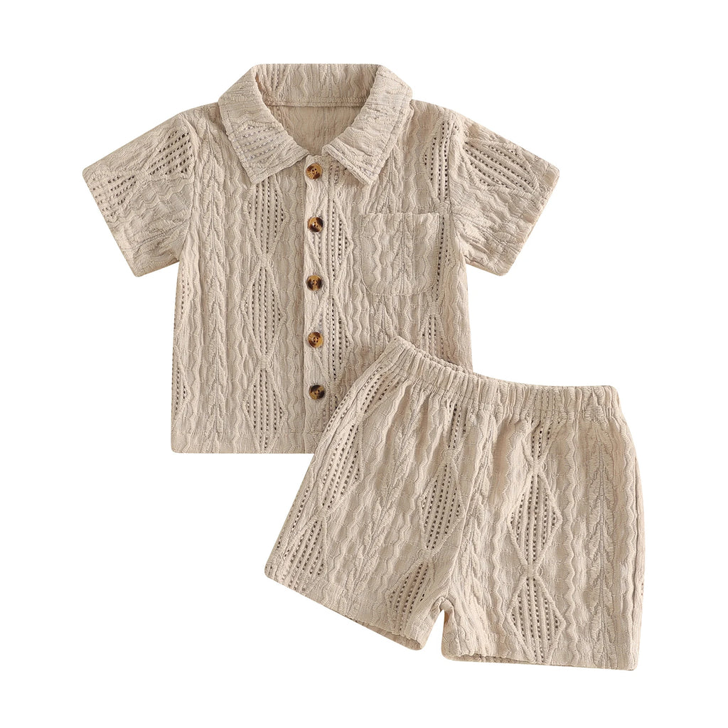 Baby Boys Summer Outfits Textured Button up Short Sleeves T-Shirt and Elastic Shorts Set for 2 Piece Clothes Set 6M-4T