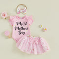 Baby Girl Mother's Day Outfits Letter Print Short Sleeve Bodysuits Floral Mesh Skirts Headband Clothes 3Pcs Set
