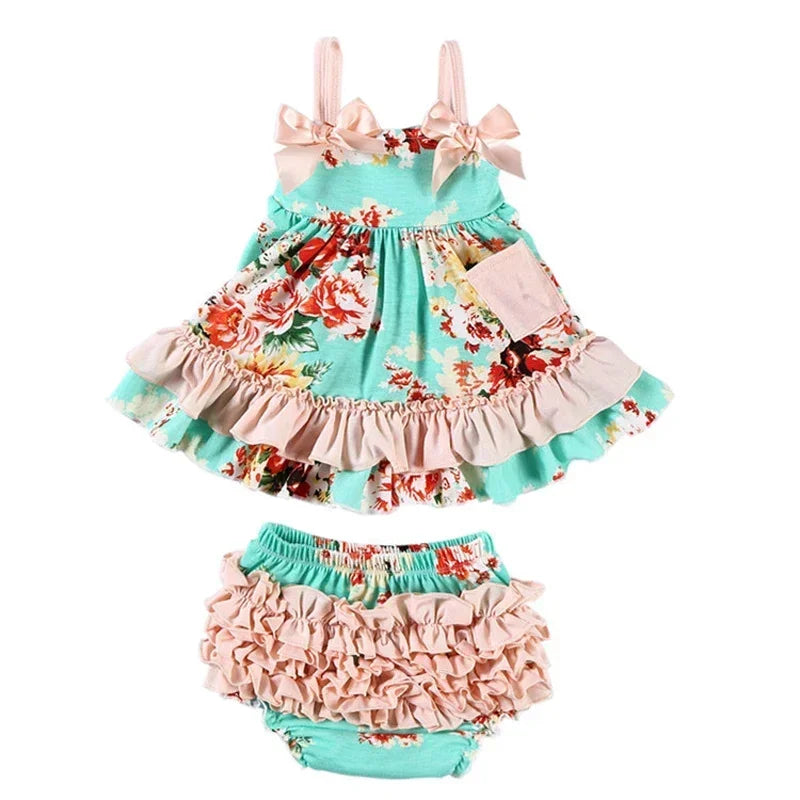 2025 New Born Baby Girl Clothes Baby Suit Overall Floral Clothes Set 3-24m Cotton Sleeveless Toddler Infant Ruffle Tops + Shorts