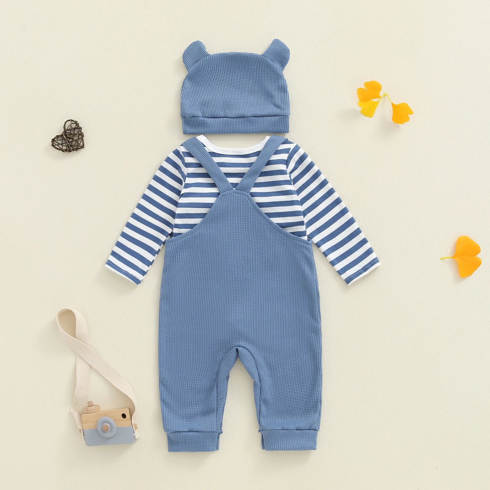 Cute Infant Newborn Baby Boys 3Pcs Outfit Cute Baby Clothes Long Sleeve Striped Romper Animal Embroidery Overalls Hat Clothes