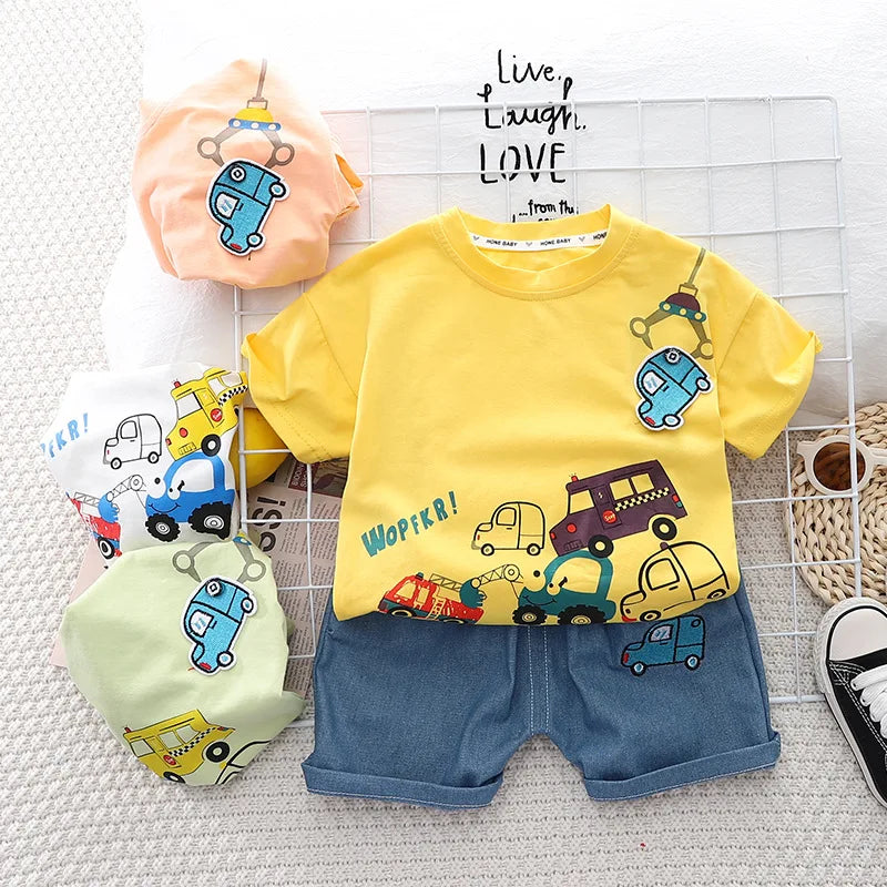 New Baby Boys Clothing Sets Summer Cartoon Car T Shirt +Denim Shorts Toddler Infant Kids Casual Infant Clothes Suits 1-5 Years