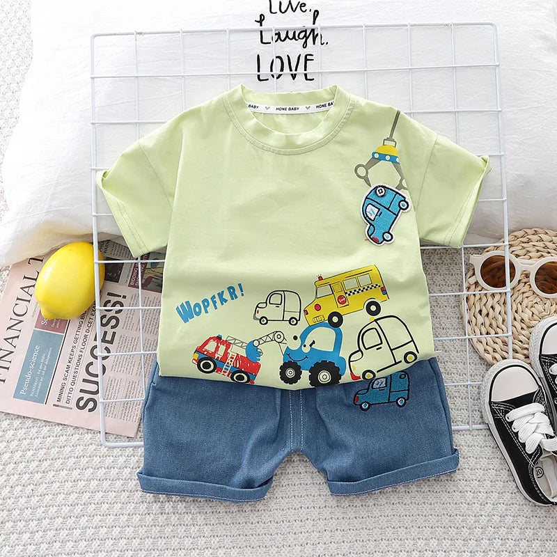 New Baby Boys Clothing Sets Summer Cartoon Car T Shirt +Denim Shorts Toddler Infant Kids Casual Infant Clothes Suits 1-5 Years