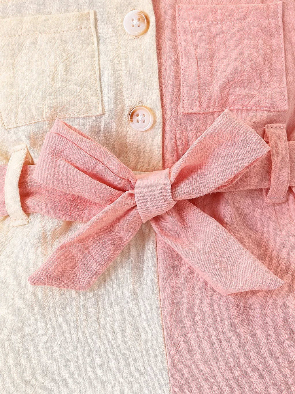 Baby Girl Color-Blocked Long-Sleeved Jumpsuit with Lapel and Button Closure, Waist Bow Tie, Patch Pocket Design, Soft Fabric, Cute One-Piece Outfit for Spring and Autumn