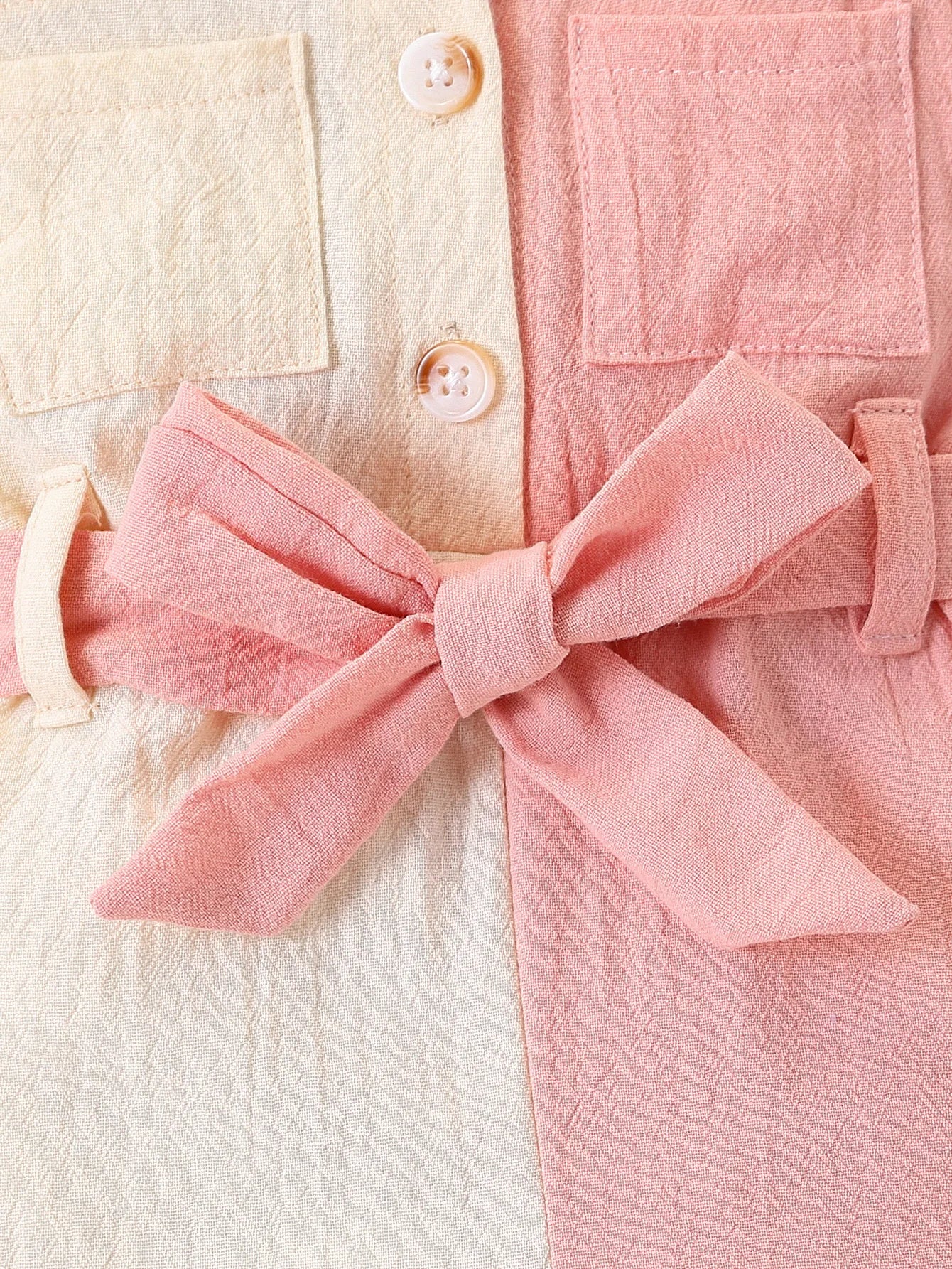 Baby Girl Color-Blocked Long-Sleeved Jumpsuit with Lapel and Button Closure, Waist Bow Tie, Patch Pocket Design, Soft Fabric, Cute One-Piece Outfit for Spring and Autumn