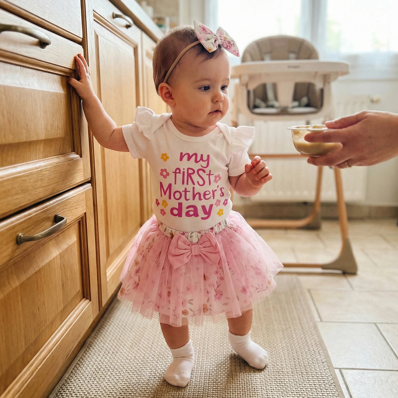 Baby Girl Mother's Day Outfits Letter Print Short Sleeve Bodysuits Floral Mesh Skirts Headband Clothes 3Pcs Set