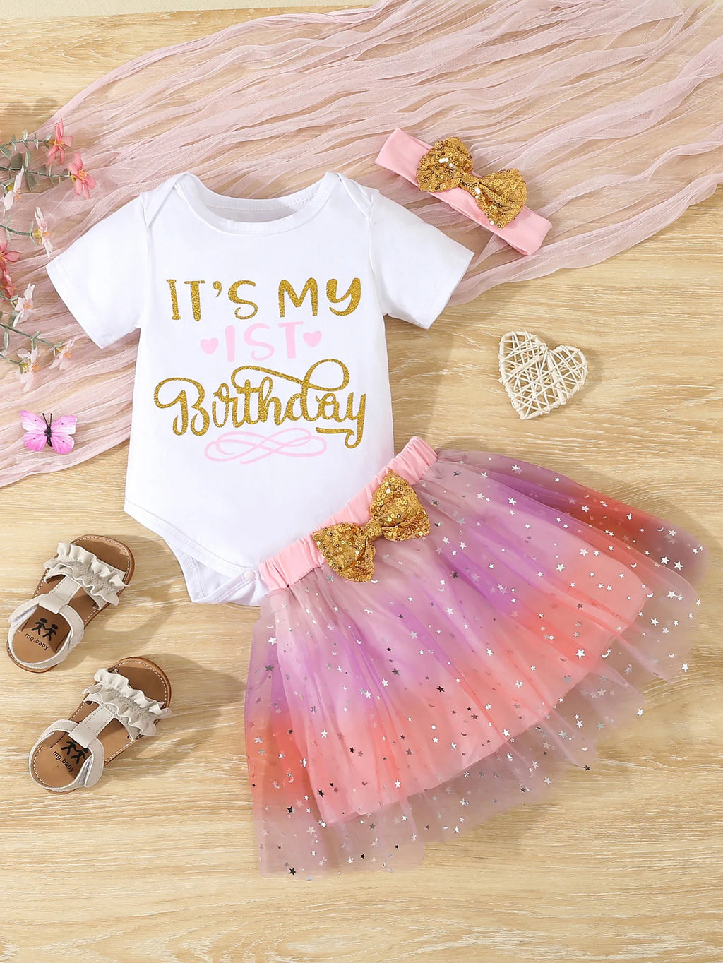 Baby Girl  Clothes Cute 1st Birthday Print Outfit Bodysuit  Sequin Bowknot  Mesh Tutu Skirt 3Pcs Toddler Girls Clothing Set