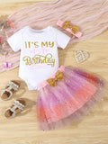 Baby Girl  Clothes Cute 1st Birthday Print Outfit Bodysuit  Sequin Bowknot  Mesh Tutu Skirt 3Pcs Toddler Girls Clothing Set