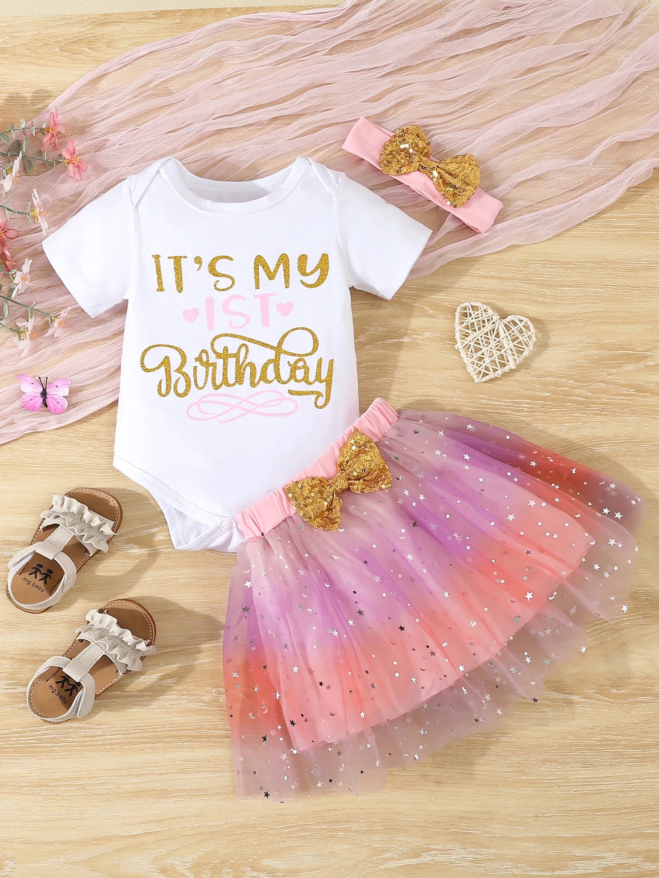 Baby Girl  Clothes Cute 1st Birthday Print Outfit Bodysuit  Sequin Bowknot  Mesh Tutu Skirt 3Pcs Toddler Girls Clothing Set