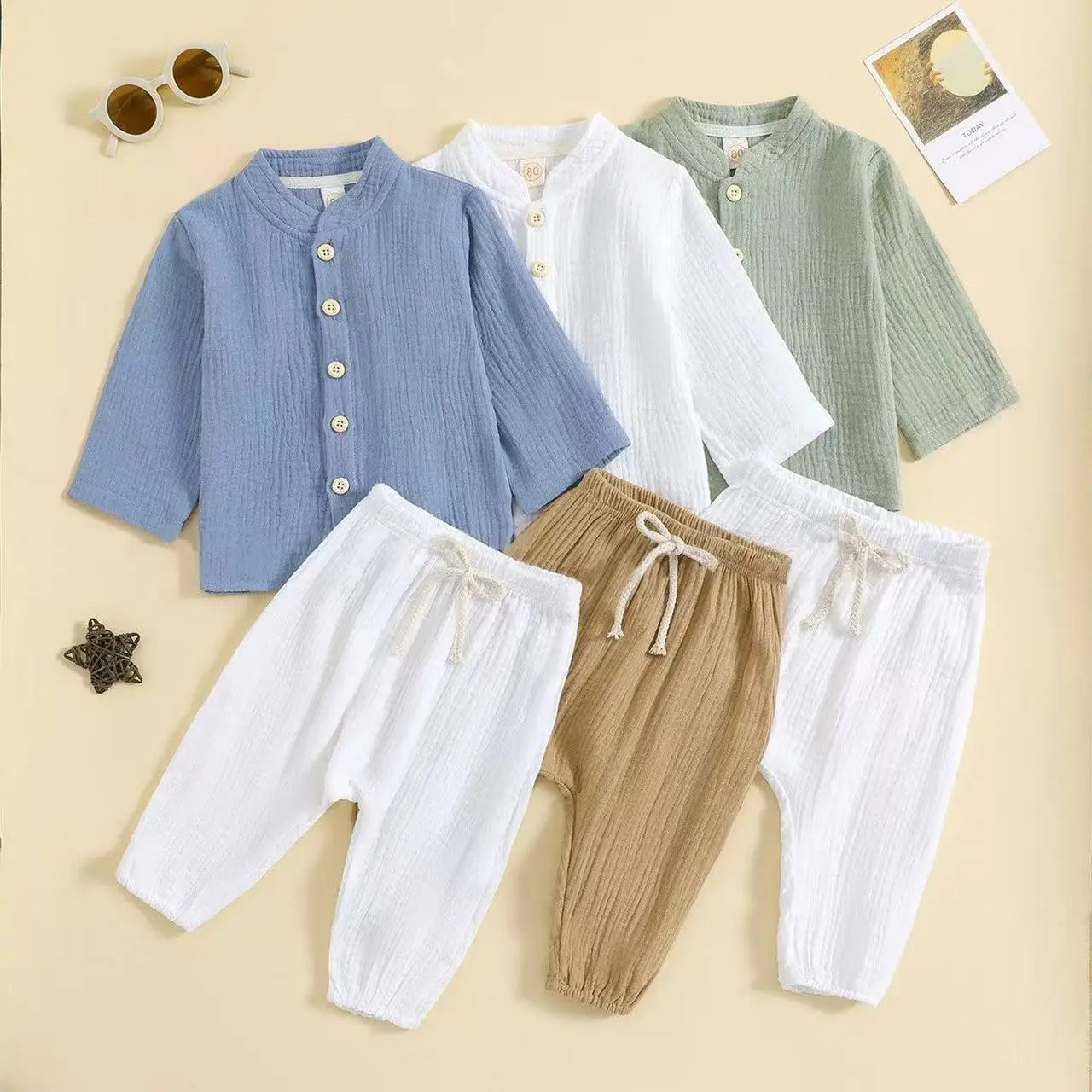 Boys Clothes Sets 1-5Y Kids Boys Summer Fall Outfits Baby Solid Color Buttons Long Sleeve Shirts Tops + Elastic Waist Long Pants