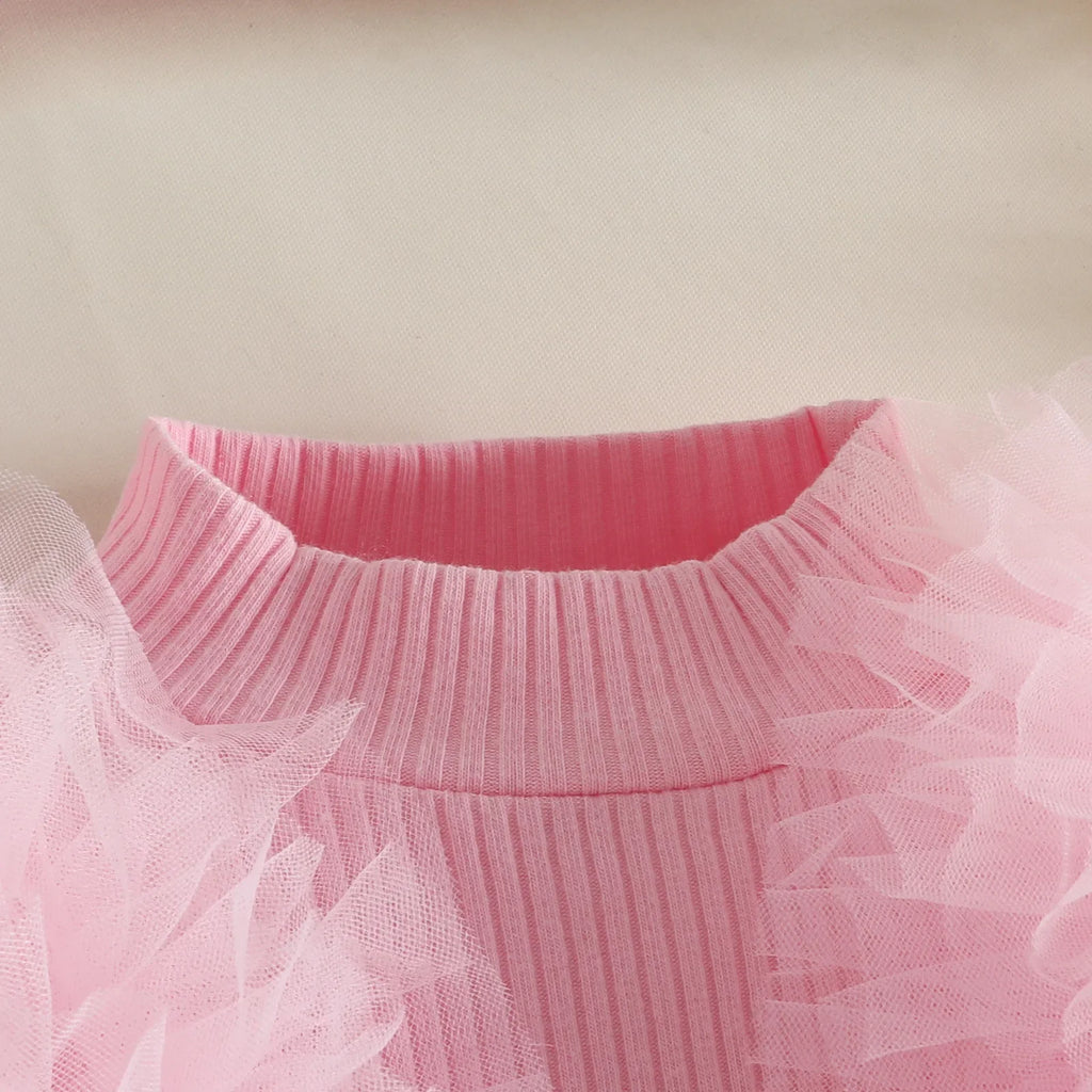 Baby Girl ClothesTulle Trim 2Pcs Sets 0-3Y Baby Dresses Long Sleeve Top and Button Accent Skirt for Newborn Girls Party Outfit