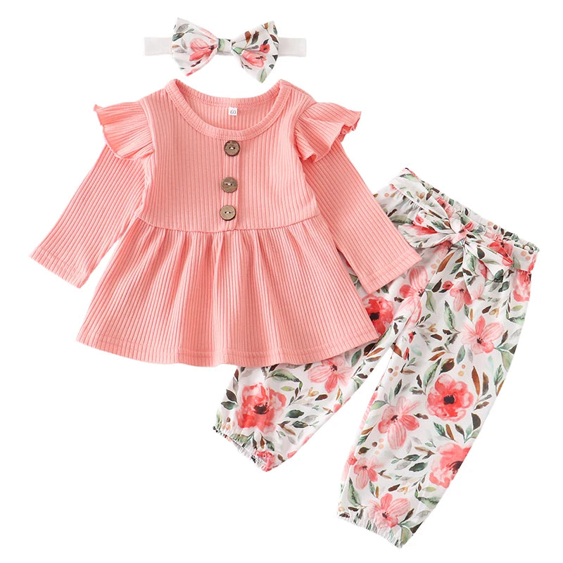 Newborn Baby Girl Clothes Set Solid Knitting Long Sleeve Tops Floral Print Pants Headband 3Pcs Outfits Casual Infant Clothing