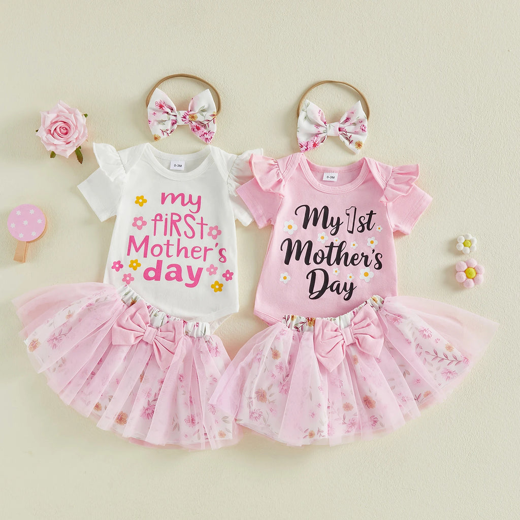 Baby Girl Mother's Day Outfits Letter Print Short Sleeve Bodysuits Floral Mesh Skirts Headband Clothes 3Pcs Set