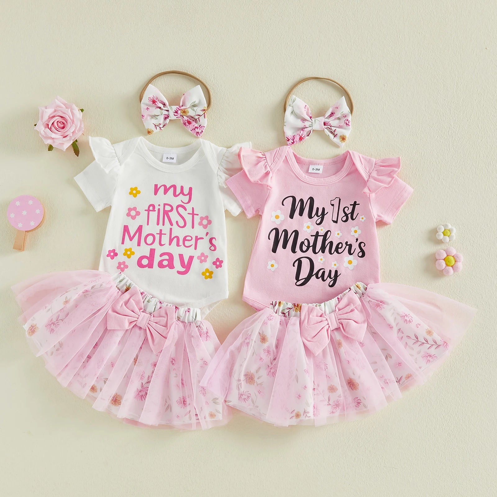 Baby Girl Mother's Day Outfits Letter Print Short Sleeve Bodysuits Floral Mesh Skirts Headband Clothes 3Pcs Set