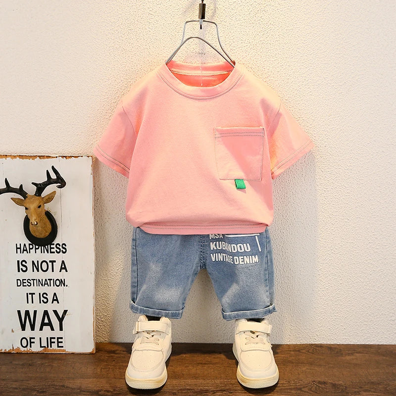 Fashion baby boys T-Shirt + Denim Shorts sets 0-6 Years Old Summer Little Children's girls Clothing suits